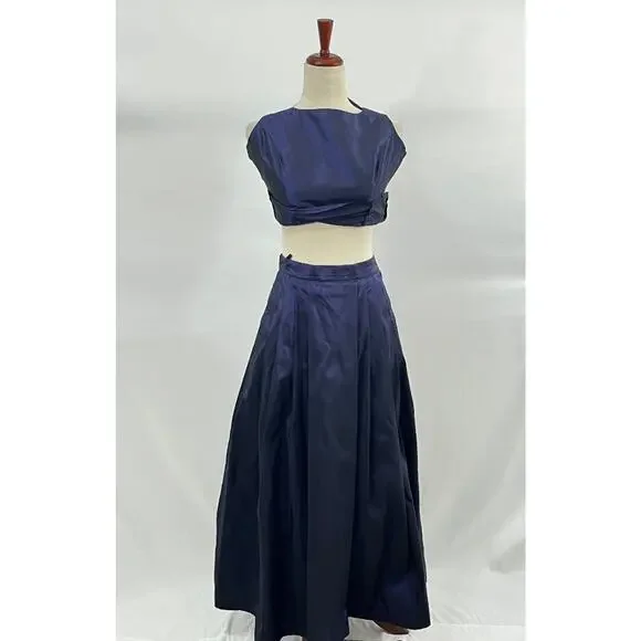 OLEANA Sz S Small 2pc Tank Top Midi Skirt Silk Taffeta Irridescent Blue Purple